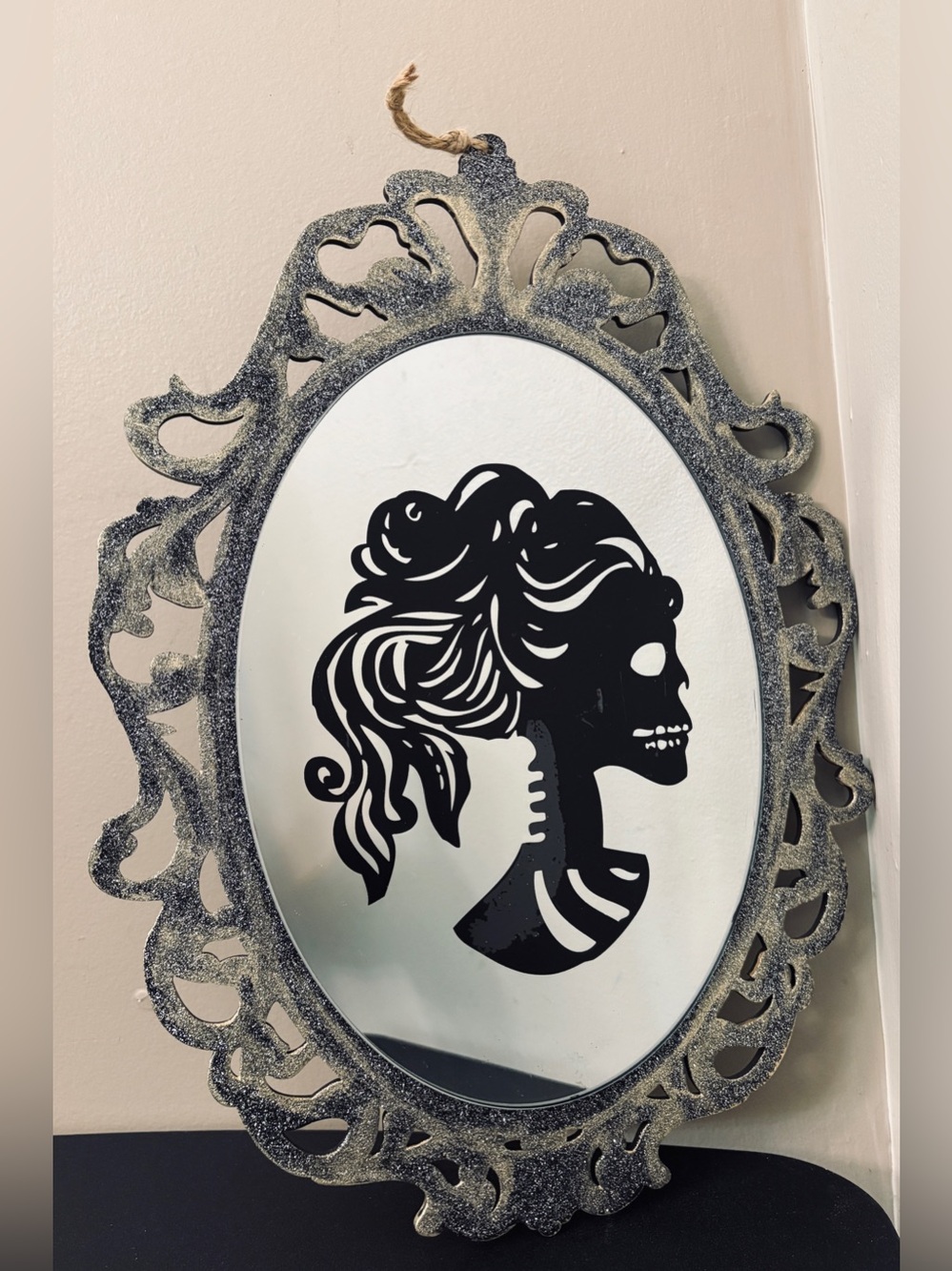 Skeleton Bride Cameo Glitter Mirror 16” x 12”